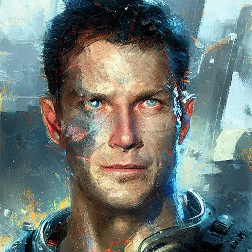 Prompt: heroic man (((((cyborg))))), sci fi portrait by craig mullins