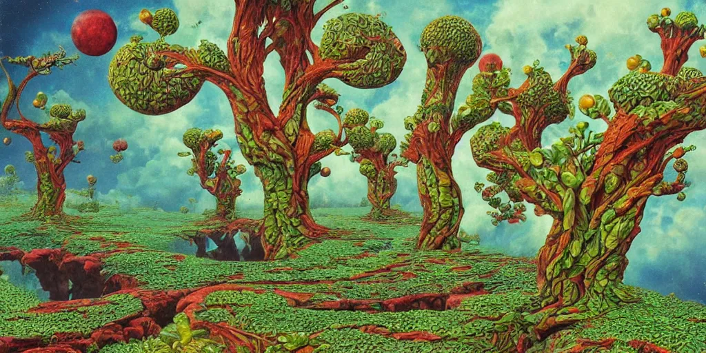 Image similar to botanical, extraterrestrial trees with fractal fruits, morning, quiet planet, teratology, land, roger dean