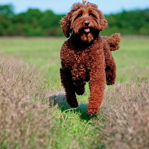 Prompt: brown labradoodle frolicking through a field