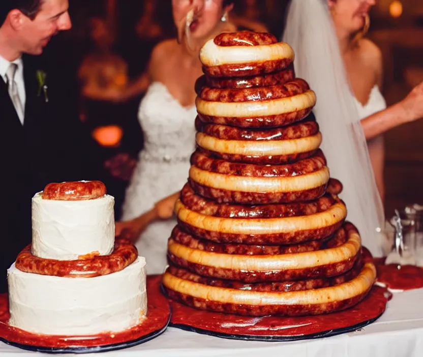 Prompt: photo of a wedding cake with sausages and ketchup