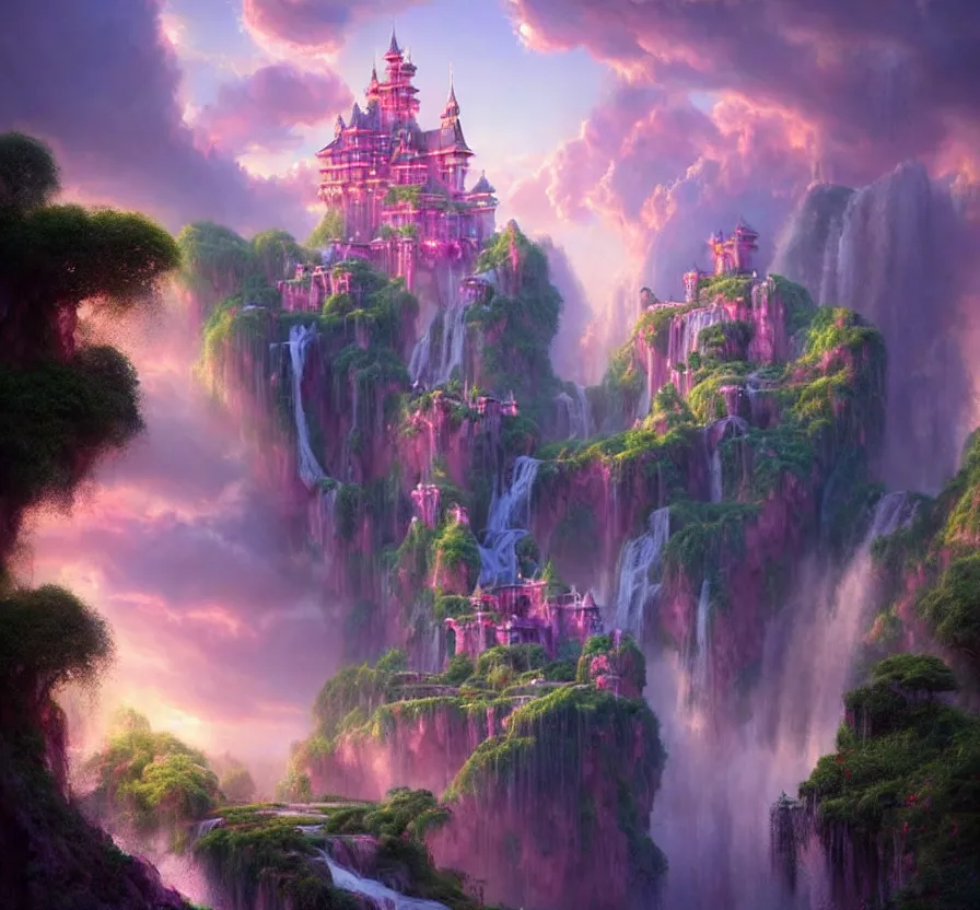 Image similar to beautiful!!! digital painting of a ( ( ( floating cloud kingdom ) ) ) with an intricate expensive castle and waterfalls!! | dreamy pink!!! sunset!!! intricate civilization, epic rim lighting, dramatic!!!! craig mullins, james jean, octane render, trending on artstation, deviantart, studio level quality, hyperdetailed