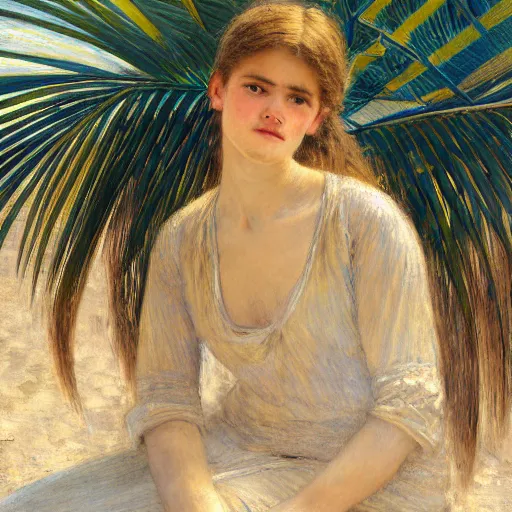 Image similar to a ultradetailed beautiful painting of a girl in the amazonas palace balustrade designed by jules bastien - lepage, hans belmer, frank weston and gustave baumann, beach, trending on artstation, mediterranean, palm trees, refracted color sparkles, sharp focus, soft light, 8 k 4 k