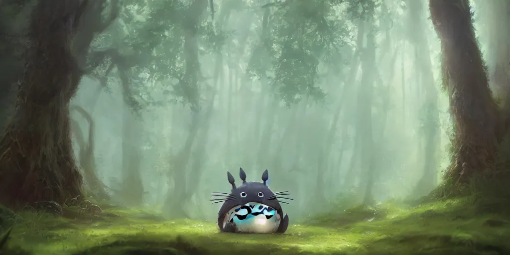 Image similar to Totoro sitting in a forest, fantasy, pixar, high detail, god rays, painting by greg rutkowski, deviantart, trending on artstation, artstationHD, artstationHQ