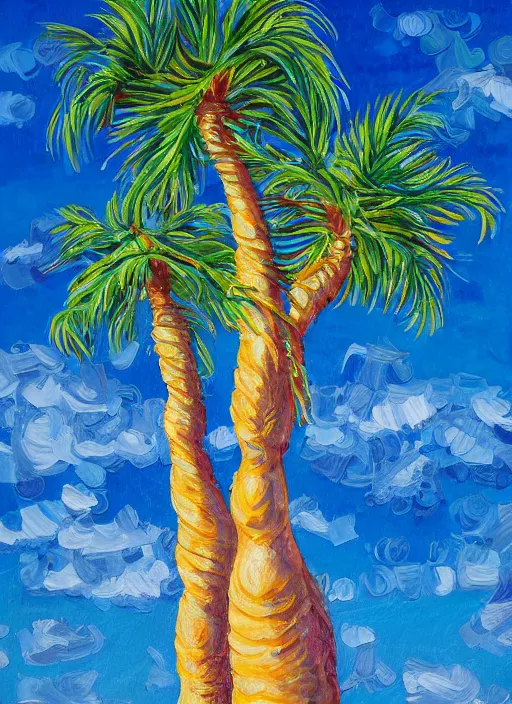 Prompt: baguettes grow on a palm tree, intricately detailed acrylic painting