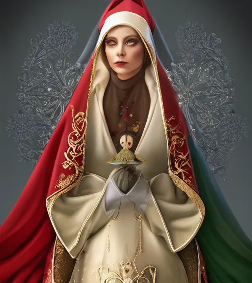 Image similar to beautiful female character inspired by venice carnival, christmas and nun | | digital artwork made by greg rutswork, anna dittmann, rosdraws and lois van barlee, symmetrical, anatomically correct, sitting on throne