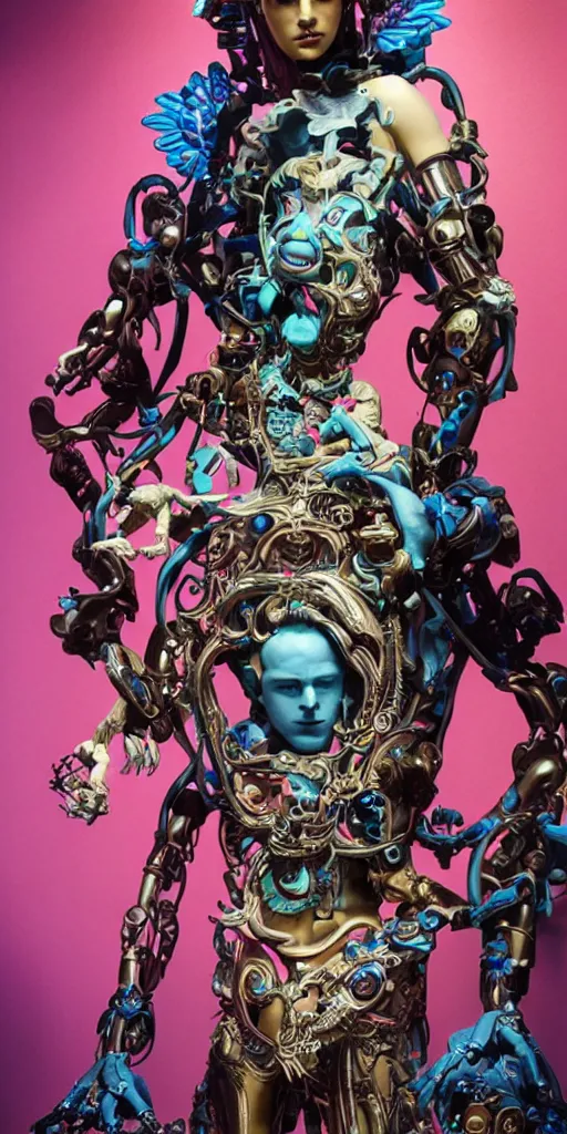 Image similar to full-body baroque and cyberpunk style sculpture of a young seductive Hispanic prince half android with a chest exposing a glowing gemstone battery, glowing pink seductive laser eyes, crown of blue gears and diamonds, swirling salmon-colored silk fabric, robotic raptors dinosaurs. baroque elements. full-length view. intricate artwork by caravaggio. art by Artgerm and Greg Rutkowski and Alphonse Mucha, Trending on artstation, cinematic industrial lighting, hyper realism, octane render, 8k, depth of field, 3D