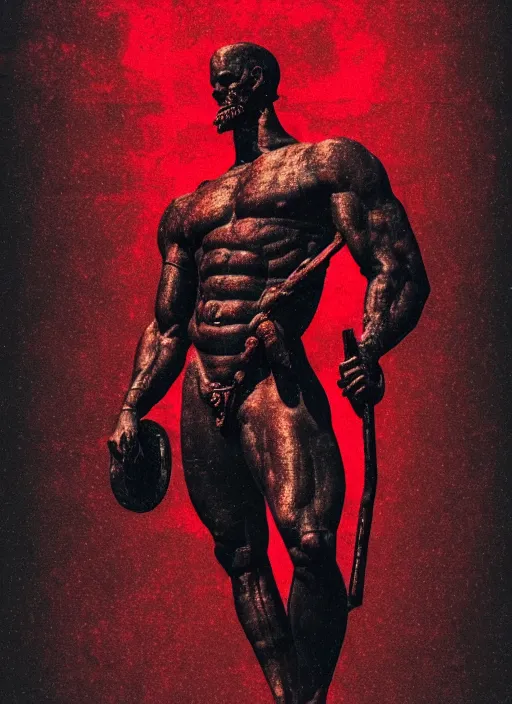 Prompt: black background, statue of hercules, ( ( ( skeleton ) ) ), grey, thin lines, dark, red grid, glitch art, neo vaporwave, gritty, movie poster, trending on artstation