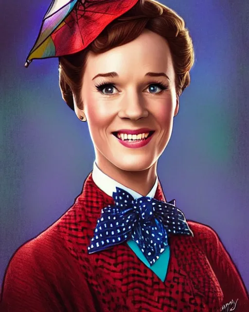 Prompt: Julie Andrews Mary Poppins from Disney 1964 smiling and looking to the side, D&D, fantasy, intricate, elegant, highly detailed, digital painting, artstation, concept art, matte, sharp focus, illustration, hearthstone, art by Artgerm and Greg Rutkowski and Alphonse Mucha