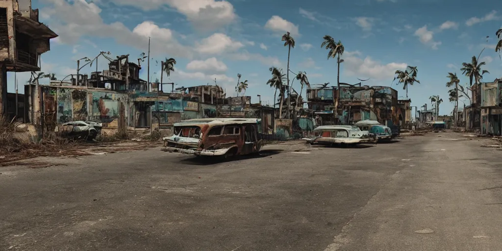 Image similar to wide angle shot of dilapidated fallout 5 tropical coastal city in real life, desolate, dilapidated, empty streets, some rusted retro futuristic vintage styled parked vehicles like cars, buses, trucks, trams, sunny weather, few clouds, volumetric lighting, photorealistic, daytime, spring, sharp focus, ultra detailed, technicolour 1