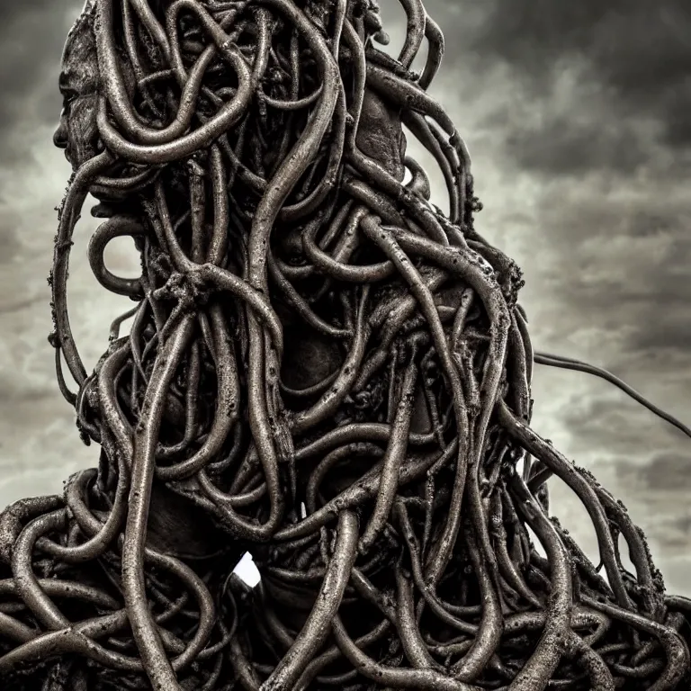 Prompt: portrait closeup on faces of abandoned sculpture of two kissing ribbed muscular men, covered with tentacles, roots, wires, tubes, baroque painting, standing in a desolate empty wasteland, creepy, nightmare, dream-like heavy atmosphere, dark fog, surreal abandoned buildings, baroque painting, beautiful detailed intricate insanely detailed octane render trending on Artstation, 8K artistic photography, photorealistic, volumetric cinematic light, chiaroscuro, Raphael, Caravaggio, Beksinski, Giger