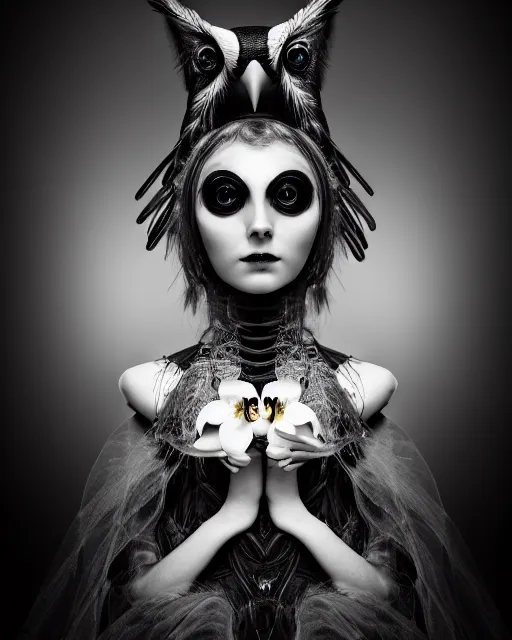 Image similar to surreal mythical dreamy dark artistic black and white fine art 3 / 4 fashion portrait photo of a young beautiful delicate female robot - witch - owl with orchid - doll face, rim light, cinematic, studio dramatic light, poetic, masterpiece, octane render, 8 k, photo - realistic by gustave dore hg giger