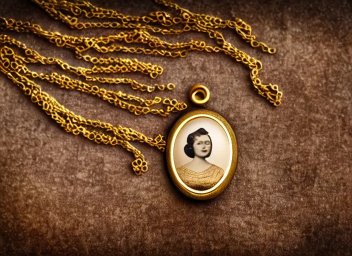 Image similar to sepia photo of a golden necklace with a hanging tiny open oval rusty golden locket pendant with a retro photo of an elegant and aesthetic woman royalty portrait, on a forest background with bokeh. Retro. Antique. High quality 8k. Intricate. Graflex camera 35mm. Award winning