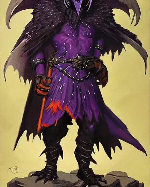 Prompt: dnd kenku person. epic dungeons and dragons armored raven character. oil on canvas featured by keith parkinson 1 9 8 5. cinematic, fighting composition. realistic facial features and expression.
