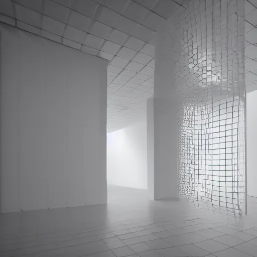 Prompt: a polygonal mesh upside-down urinal on a pedestal in a vast white room, courtesy of Centre Pompidou, archival pigment print