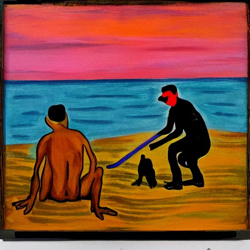 Image similar to a fauvist painting of a man and a black dog digging a hole on a danish beach at sunset