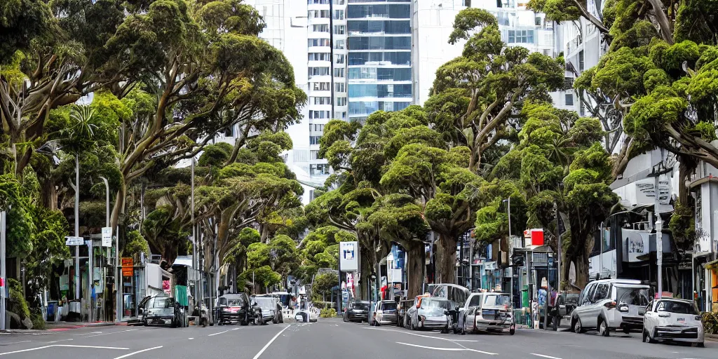 Prompt: photo of a city street in wellington, new zealand but the buildings are interspersed with enormous ancient nz endemic podocarp rimu trees full of epiphytes with birds perching amongst the leaves.