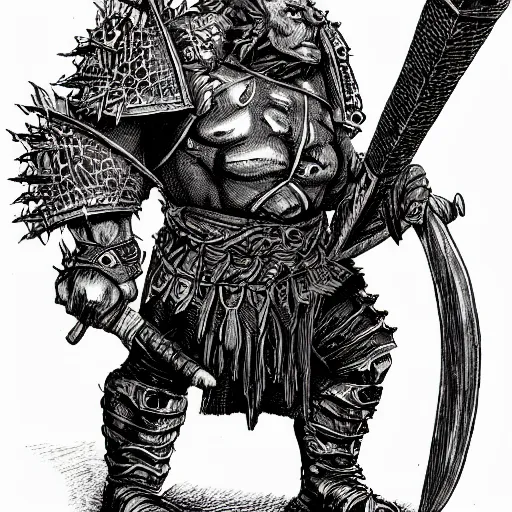 Prompt: ogre warrior wearing plated armor who is holding a battle axe in the style of warhammer fantasy : : head and torso drawing