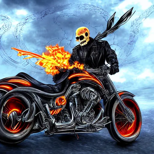 Image similar to Ghost Rider riding motorcycle through the gates of hell, detailed digital art,