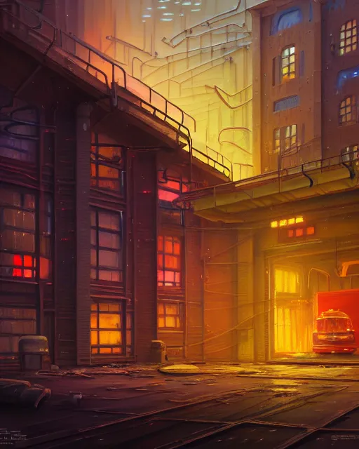 Prompt: a beautiful detailed painting of nature architecture city urbex building unfinished building abandoned industrial architecture fire station by ralph mcquarrie, cgsociety neon signs darkacademia lightpaint at night galactic, archdaily, wallpaper, highly detailed, trending on artstation.