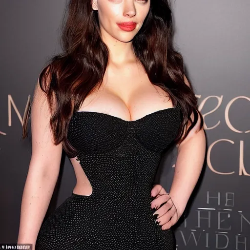 Image similar to a woman who is a genetic combination of kim kardashian and kat dennings and scarlett johansson and margot robbie and emma watson, face and upper - body focus