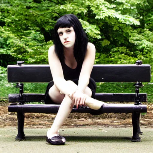 Image similar to emo goth girl sitting on a bench in front of a British house on a hot day, 2006, black hair