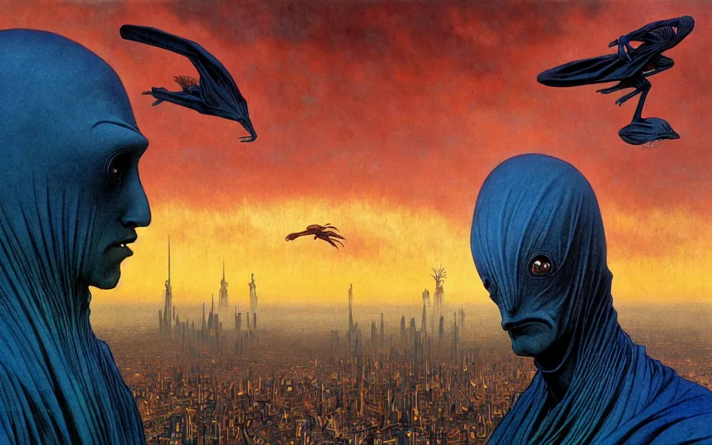 Image similar to realistic detailed portrait movie shot of a birdman wearing dark ragged robes, futuristic city sunset landscape background by denis villeneuve, amano, yves tanguy, alphonse mucha, ernst haeckel, max ernst, roger dean, rich moody colours, blue eyes