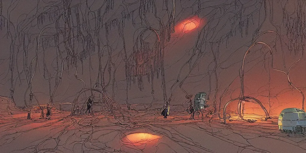 Image similar to vast natural cave with bizarre creatures in huge experimental tanks , cables hanging from ceiling, thick cables on ground, ground perspective, computer screens, neons, top light , epic scene, 8k, illustration, art by ghibli moebius, comics art