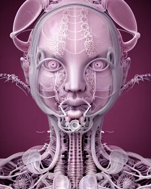 Image similar to mythical dreamy organic bio - mechanical spinal ribbed profile face portrait detail of translucent steampunk beautiful intricated monochrome angelic - human - queen - vegetal - cyborg, highly detailed, intricate translucent pale pink ivy jelly ornate, poetic, translucent roses ornate, 3 d render, digital art, octane render, 8 k artistic lithography