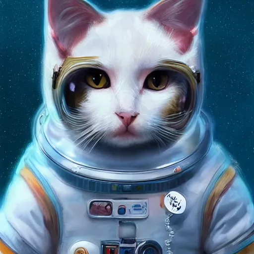 Image similar to head and shoulders masterpiece portrait of a cute adorable cat wearing a spacesuit, surreal background, digital art by krenz cushart, trending on artstation, cgsociety,