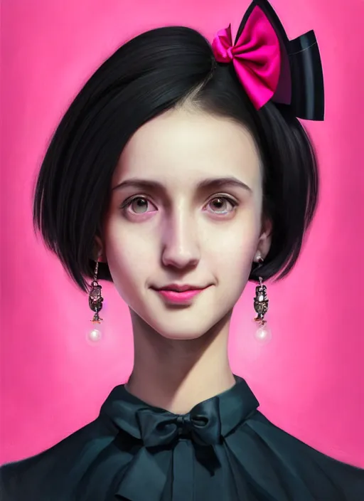 Image similar to portrait of high school girl, realistic, black hair, bangs, half updo hairstyle, pointy nose, skinny, smile, ugly, defined jawline, big chin, pink hair bow, earrings, intricate, elegant, glowing lights, highly detailed, digital painting, artstation, sharp focus, illustration, art by wlop, mars ravelo and greg rutkowski