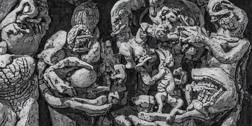 Image similar to a black and white logo of the Giraud sculpture studio with creeper egg toads and valkyries