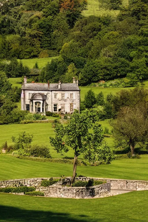 Image similar to movie screenshot wide-shot landscape with big stone edwardian house in the garden, apple trees, beautiful ambiance, golden hour, sharp focus, highly detailed,