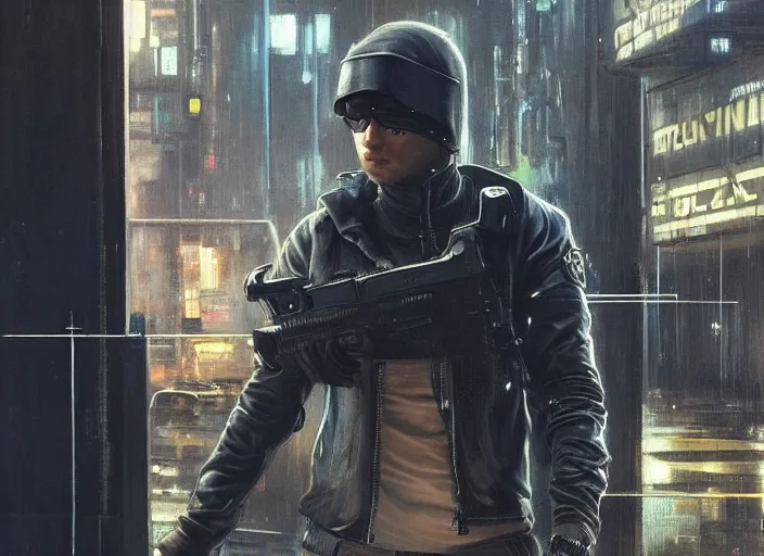 Prompt: Maria evades sgt Nash. Cyberpunk hacker wearing stealth suit hiding from police patrol (blade runner 2049, cyberpunk 2077). beautiful face. Dark industrial plant. Orientalist portrait by john william waterhouse and James Gurney and Theodore Ralli and Nasreddine Dinet, oil on canvas. Cinematic, hyper realism, realistic proportions, dramatic lighting, high detail 4k