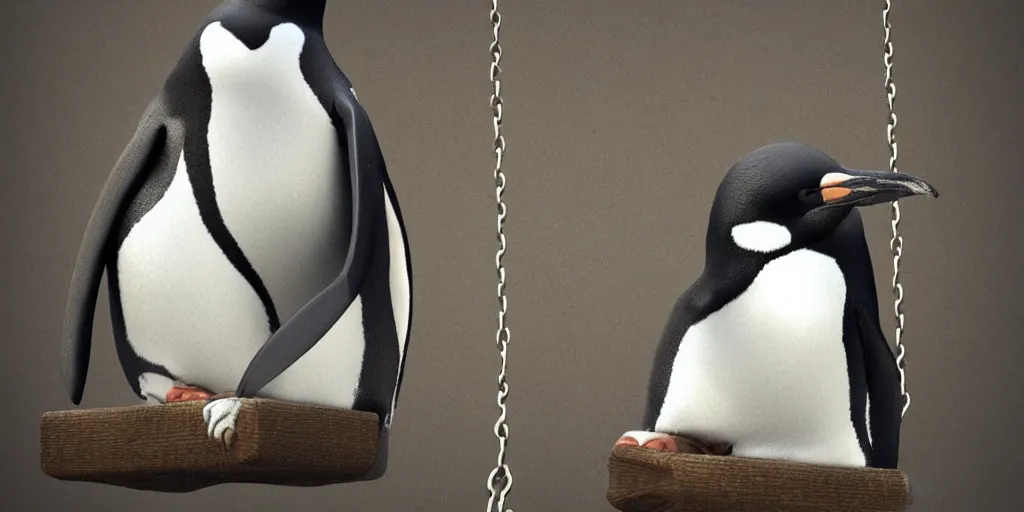 Image similar to realistic penguin sitting on a swing, hyper detailed, trending on artstation