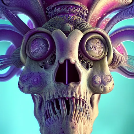 Prompt: goddess princess face close-up portrait ram skull abstract 3d composition. jellyfish phoenix head, nautilus, orchid, skull, betta fish, bioluminiscent creatures, intricate artwork by Tooth Wu and wlop and beeple. octane render, trending on artstation, greg rutkowski very coherent symmetrical artwork. cinematic, hyper realism, high detail, octane render,