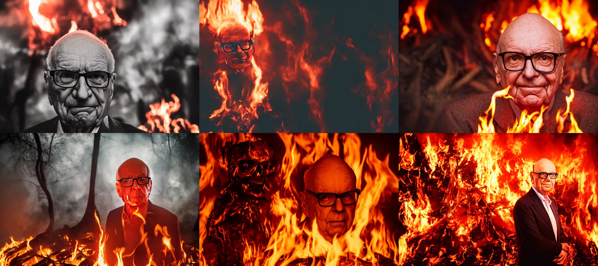 Prompt: The Devil with the face of Rupert Murdoch wearing glasses, Rupert Murdoch, standing in hell surrounded by fire and flames and bones and brimstone, portrait photography, depth of field, bokeh