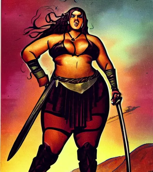 Image similar to 1 9 8 0 s fantasy novel book cover, bbw plus size amazonian 1 8 - year - old millie bobby brown in extremely tight bikini armor wielding a cartoonishly large sword, exaggerated body features, dark and smoky background, low quality print