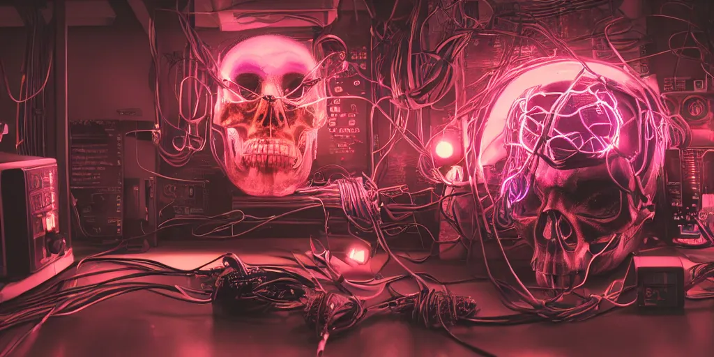 Prompt: a photorealistic cyberpunk skull with electronic wires and cables coming out of it, eyes lighting up with LED lights, in a seedy cellar lab, vaporwave, scifi, trending on artstation, 4K, cinematic, epic lighting, UHD, HDR