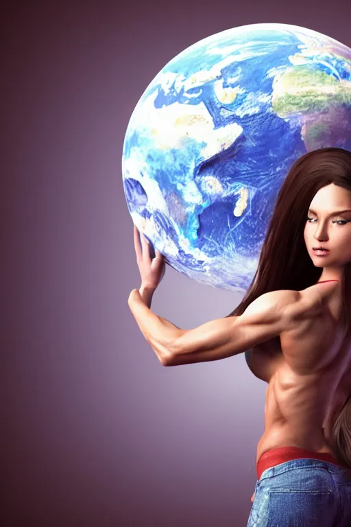 Image similar to a beautiful muscular woman wearing casual clothes carrying a giant planet Earth on her back, long hair, beautiful, hyperrealistic, concept art, octane render, unreal engine 5, trending on Artstation, high quality, 8K, soft lighting, trending on DeviantArt, highly detailed, high quality, digital art, anatomically correct, five fingers, desert in the background, path traced, complementary colors, natural lighting, epic image