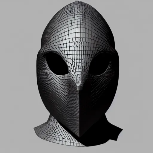 Image similar to concept design for a solid plate featureless metallic mask, 3 d render, volumetric lighting, unreal engine, reflective material, intricate texture