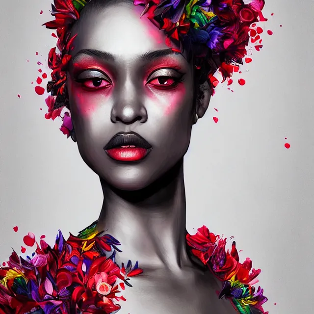 Image similar to studio portrait absurdly beautiful, elegant, lovely, young hypercolorful sensual black model rubies red petals gems, ultrafine hyperrealistic detailed face illustration by kim jung gi, irakli nadar, intricate linework, sharp focus, bright colors, matte, octopath traveler, final fantasy, unreal engine highly rendered, global illumination, radiant light, intricate rainbow environment