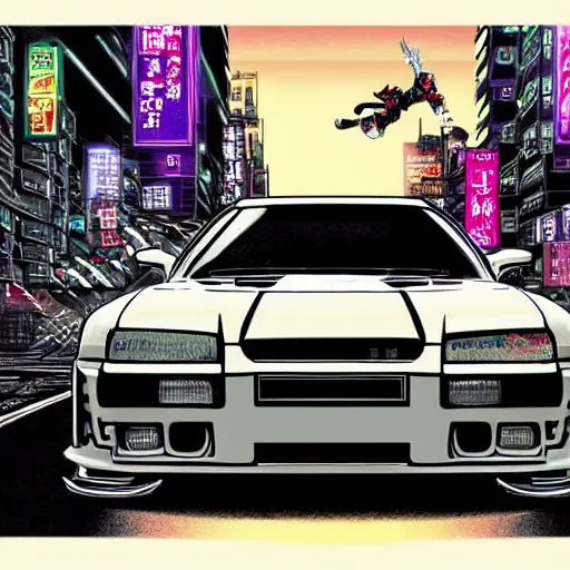 Prompt: beautiful hyper-detailed full colour manga illustration of a robot ninja warrior with a sword, driving through the city, in a modified Nissan skyline r34, cyberpunk, dystopian