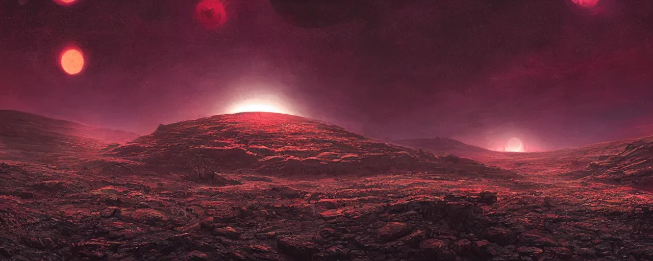 Image similar to ” barren landscape at night, [ cosmic, cinematic, detailed, epic, widescreen, opening, establishing, mattepainting, photorealistic, realistic textures, octane render, art by slop and paul lehr ] ”