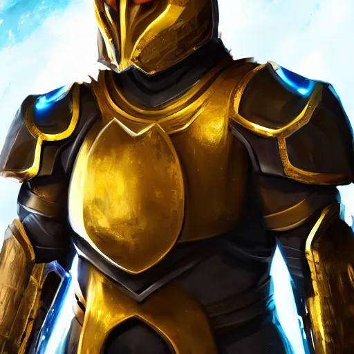 Prompt: a highly detailed character portrait of a man wearing a epic golden armor with glowing blue eyes concept art