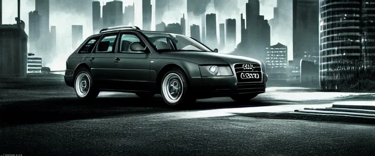 Image similar to Audi A4 B6 Avant (2002), a modern noir, dramatic lighting, cinematic, establishing shot, extremely high detail, photorealistic, cinematic lighting, artstation, style by greg rutkowsky, Max Payne (PC) (2001)