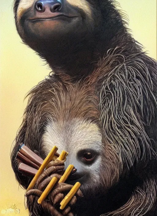 Image similar to ultra realistic portrait painting of a sloth smoking a joint, vaguely resembling snoop dogg, art by frank frazetta, 4 k, ultra realistic, highly detailed, epic lighting