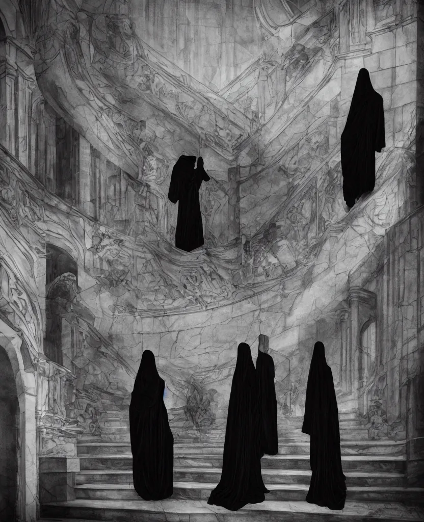 Image similar to several ritualistic figures shrouded in a long trailing dark black opaque gown, descending in tandem down a giant marble staircase away from a conference room, photorealism, hyperrealism, harsh lighting, dramatic lighting, medium shot, serious, gloomy, foreboding, cinematic, creepy