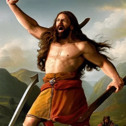 Prompt: Jesus Christ as a viking holding a battle axe yelling and raising his arms