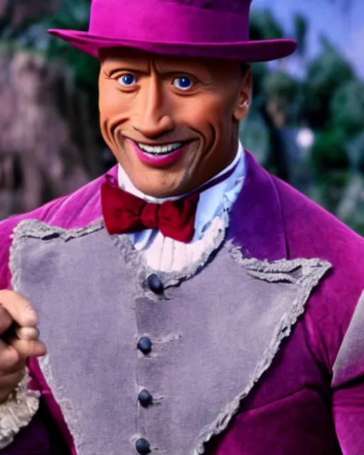 Image similar to Film still close-up shot of Dwayne Johnson as Willy Wonka from the movie Willy Wonka & The Chocolate Factory. Photographic, photography