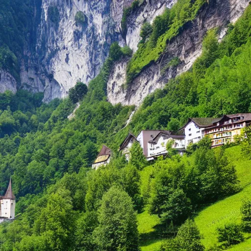 Prompt: Lauterbrunen Valley Switzerland, cliff waterfall and village visible, Impression style